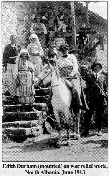 Edith Durham (mounted) on war relief work, North Albania, June 1913